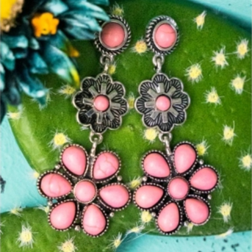 Free Spirit Boho South western people pink Bead Faux Stone Flower earrings